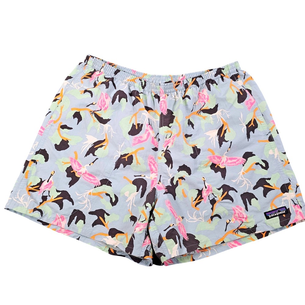 Patagonia Baggies Mens Shorts Crane Bird Print Light Blue 5 Inch Inseam 57022